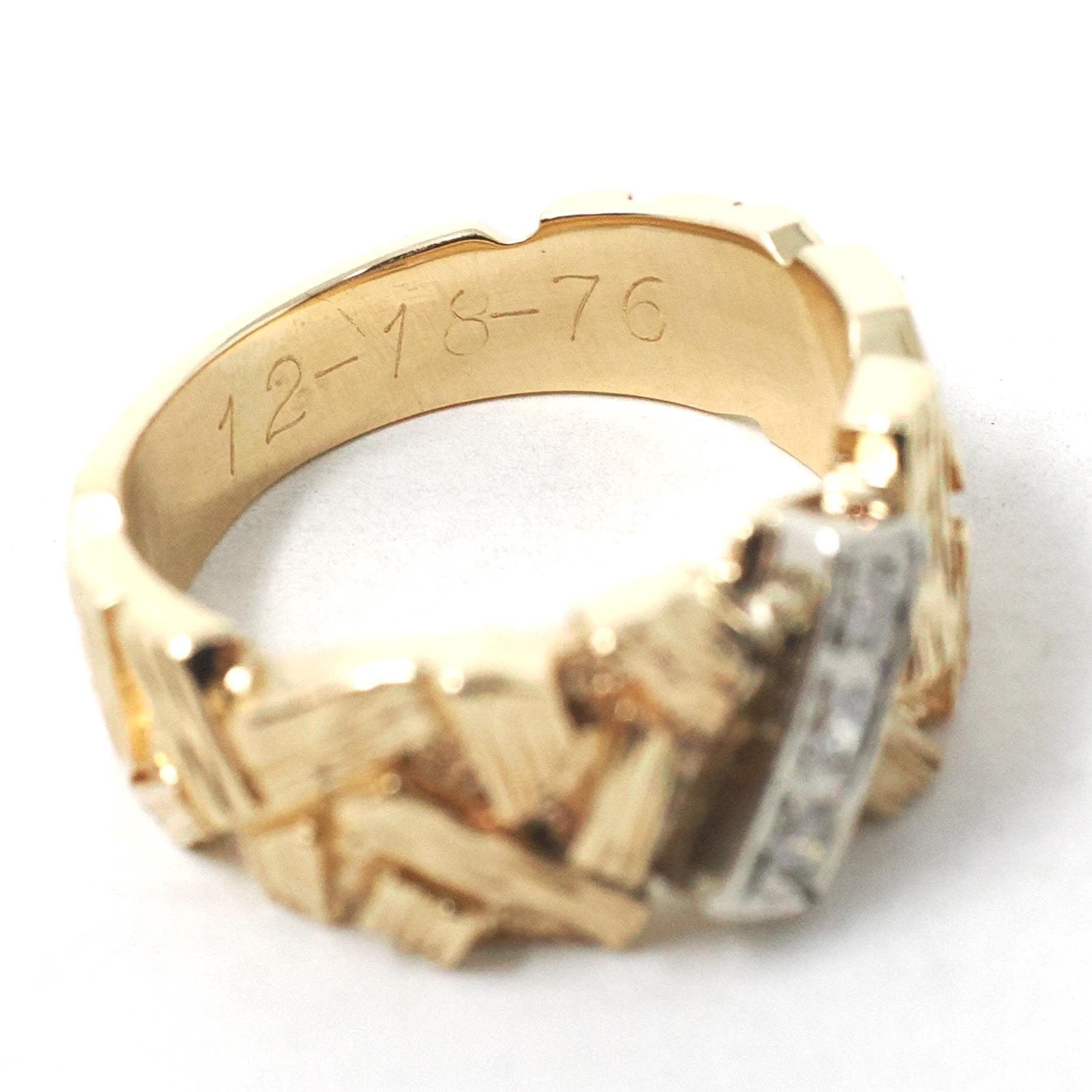 Textured Cigar Band - Retro 14k Yellow Gold & 10k White Gold .04 CTW Diamond Accent Stacking Ring - Dated 1976 Size 4 3/4 Fine Jewelry