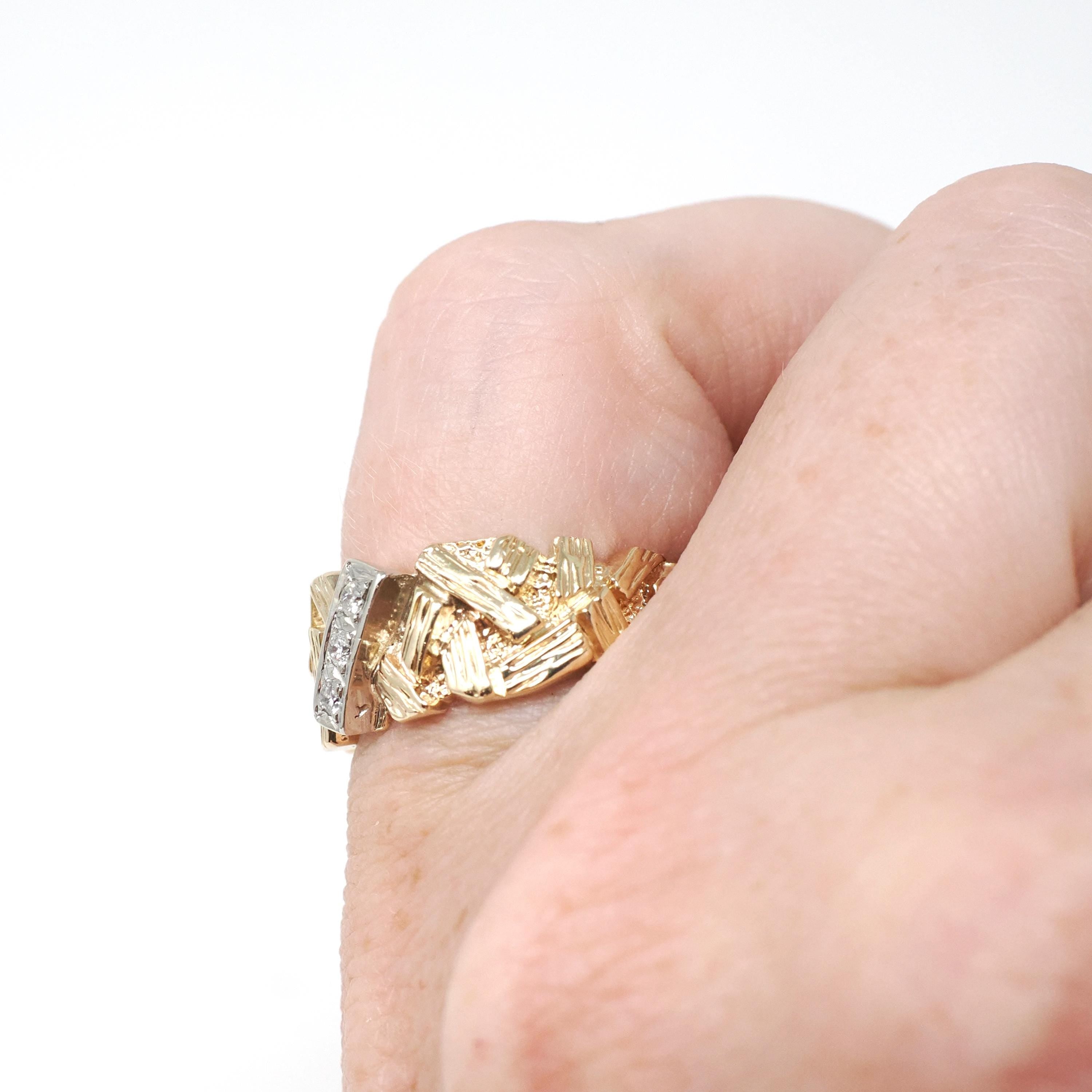 Textured Cigar Band - Retro 14k Yellow Gold & 10k White Gold .04 CTW Diamond Accent Stacking Ring - Dated 1976 Size 4 3/4 Fine Jewelry
