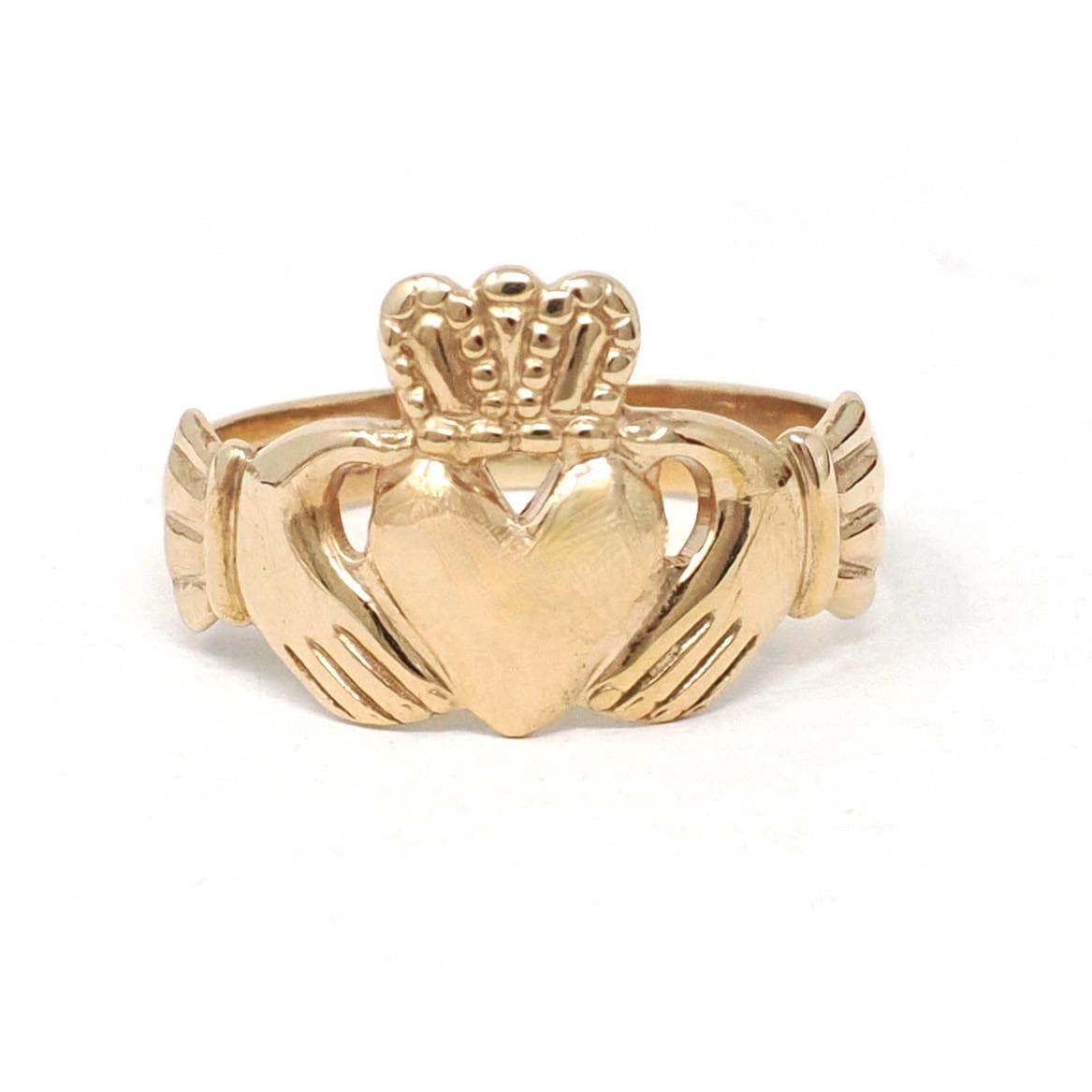 Modern Claddagh Ring - Estate 9k Yellow Gold Heart Clasped Hand Crown - Hallmarked 1989 Size 7 Friendship Love Loyalty Fine Irish Jewelry