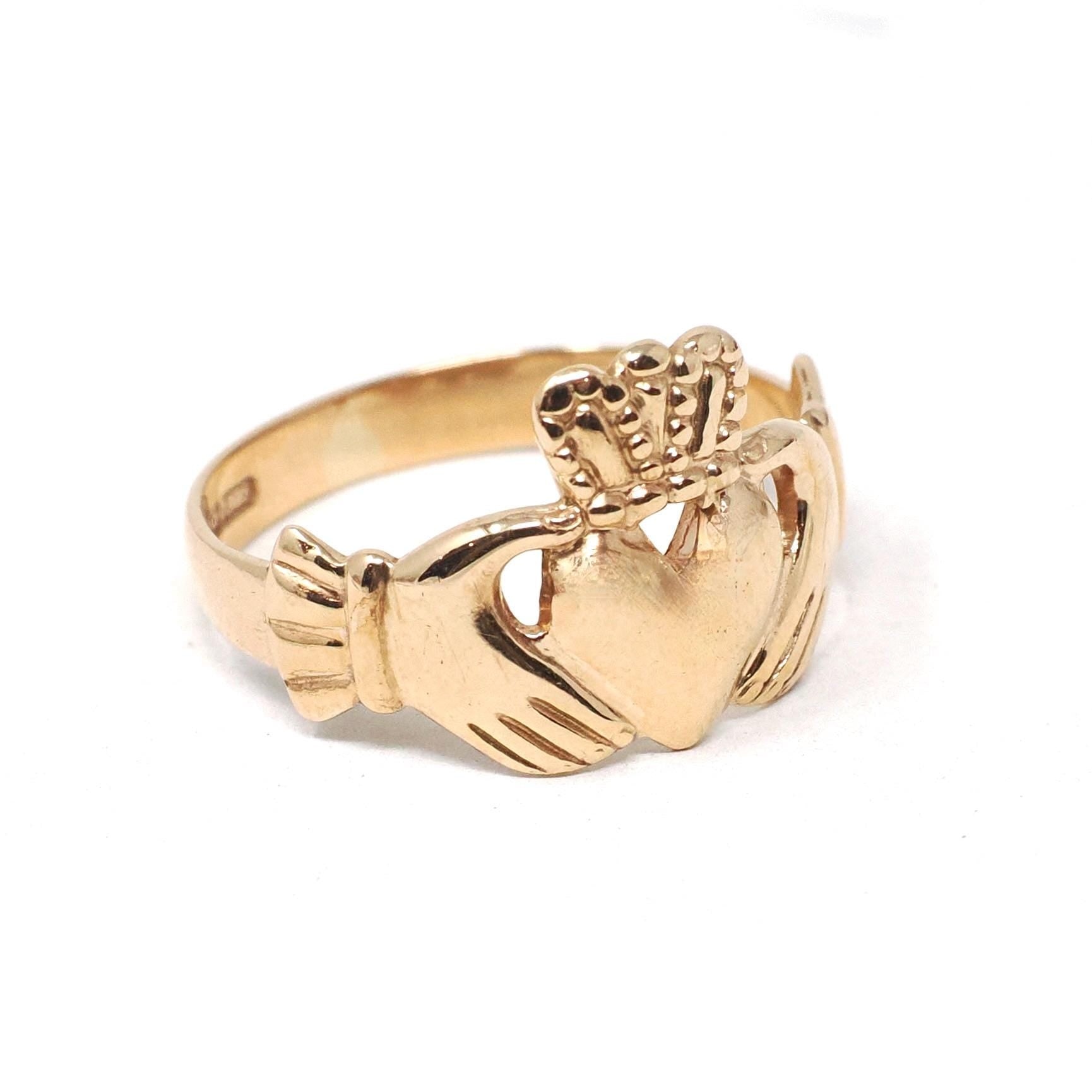 Modern Claddagh Ring - Estate 9k Yellow Gold Heart Clasped Hand Crown - Hallmarked 1989 Size 7 Friendship Love Loyalty Fine Irish Jewelry