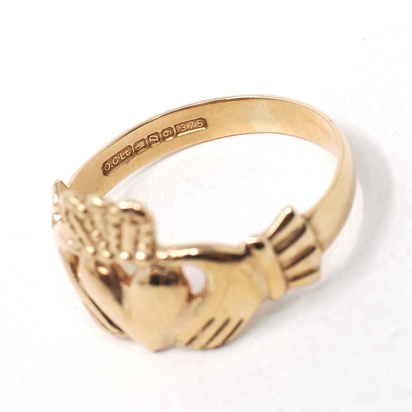 Modern Claddagh Ring - Estate 9k Yellow Gold Heart Clasped Hand Crown - Hallmarked 1989 Size 7 Friendship Love Loyalty Fine Irish Jewelry