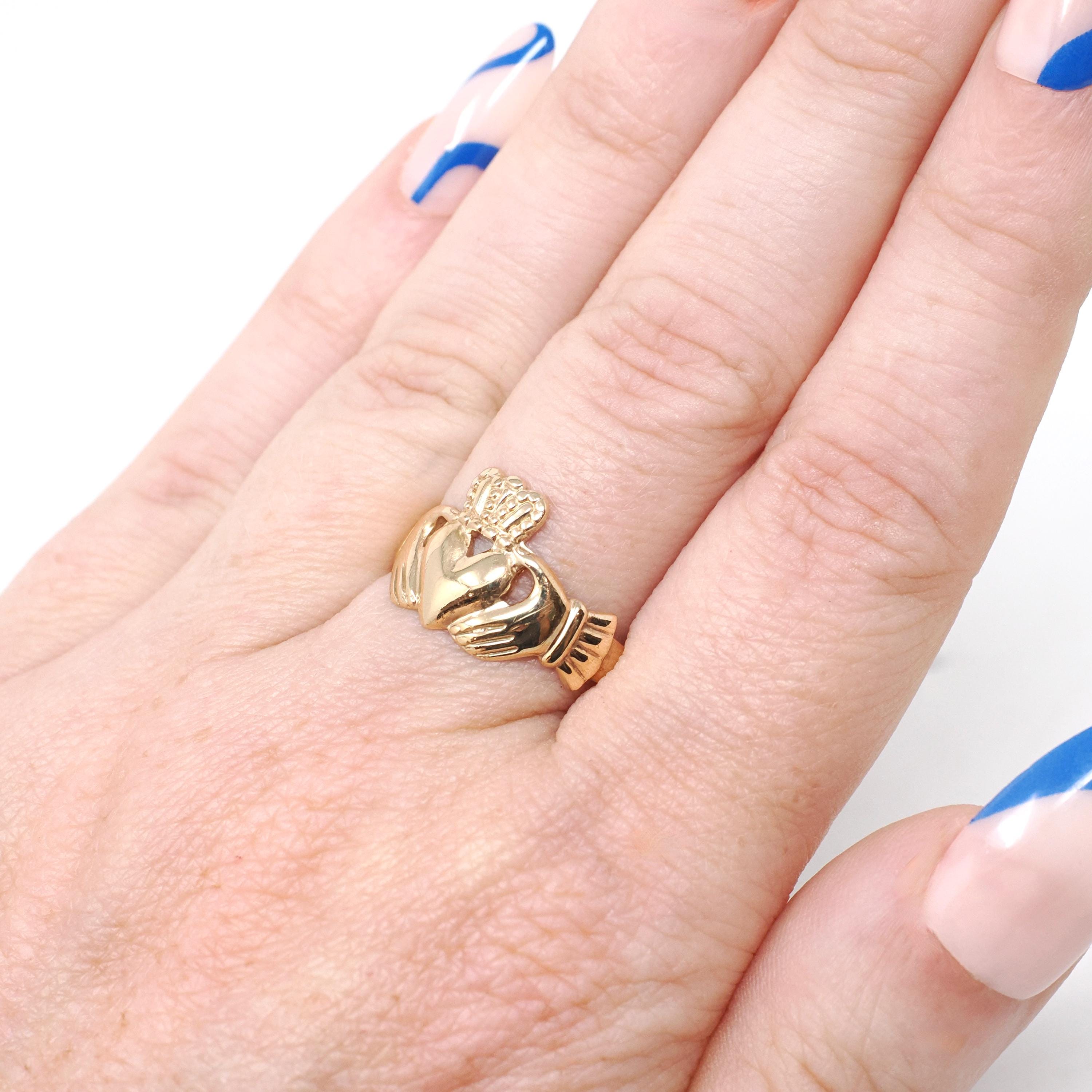 Modern Claddagh Ring - Estate 9k Yellow Gold Heart Clasped Hand Crown - Hallmarked 1989 Size 7 Friendship Love Loyalty Fine Irish Jewelry