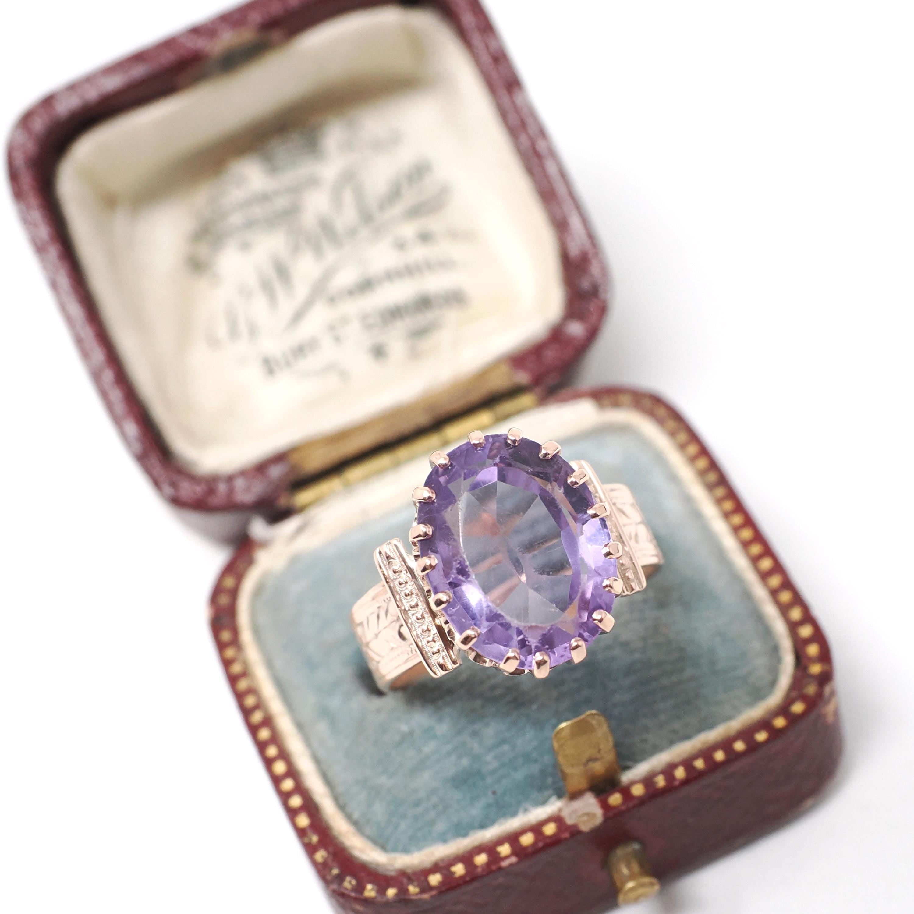 Victorian Amethyst Ring - Antique 10k Rosy Yellow Gold Purple 5.17 CT Gemstone - Late 1800s Era Size 6 3/4 February Birthstone Fine Jewelry
