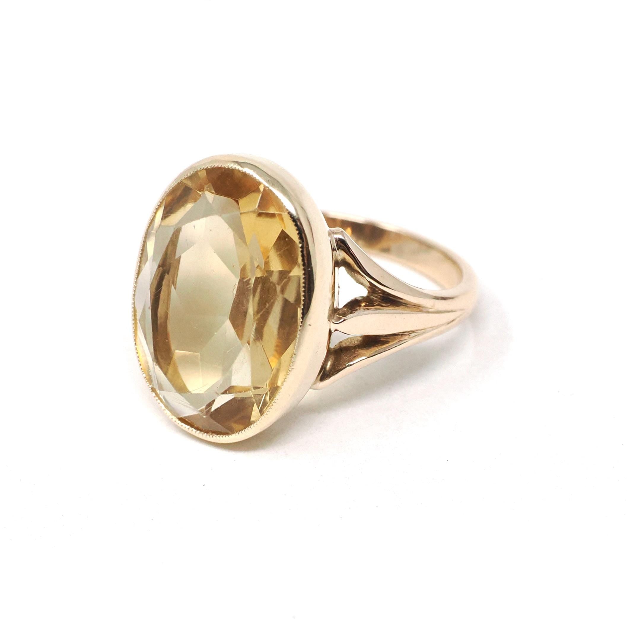 Antique Citrine Ring - Edwardian 10k Yellow Gold Natural Yellow Oval Bezel Gemstone Solitaire - Vintage Early 1900s Era Size 4 Fine Jewelry