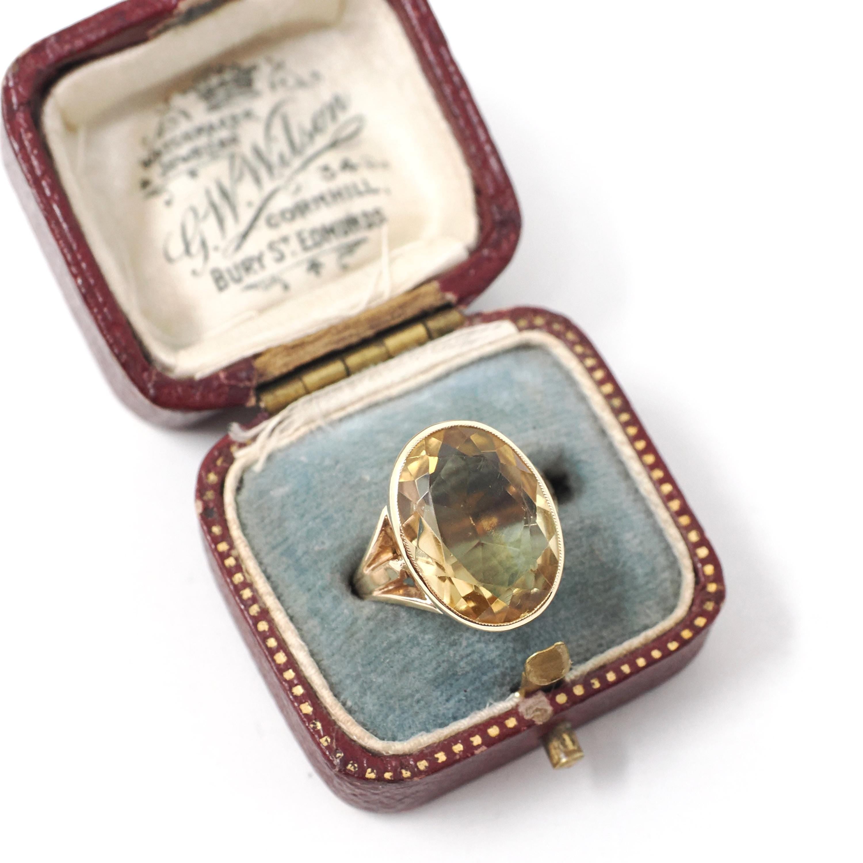 Antique Citrine Ring - Edwardian 10k Yellow Gold Natural Yellow Oval Bezel Gemstone Solitaire - Vintage Early 1900s Era Size 4 Fine Jewelry