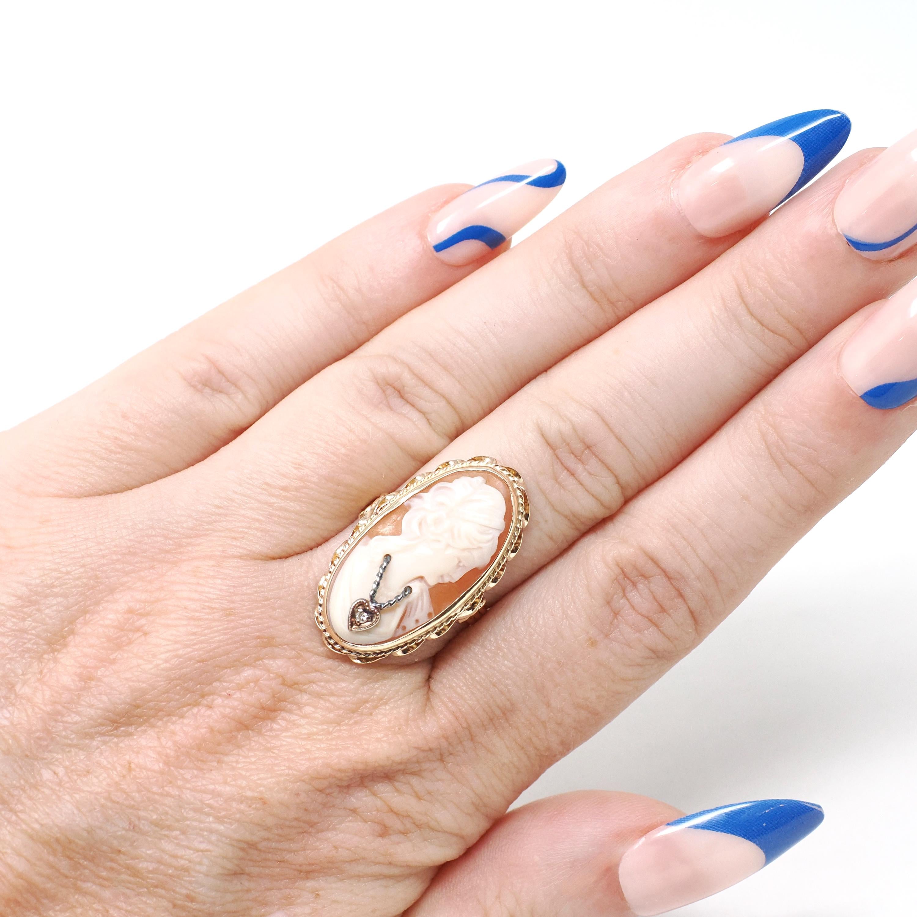 Vintage Cameo Habillé Ring - Mid Century 14k Yellow Gold Natural Diamond - Circa 1960s Era Size 6 Carved Shell Woman's Portrait Fine Jewelry