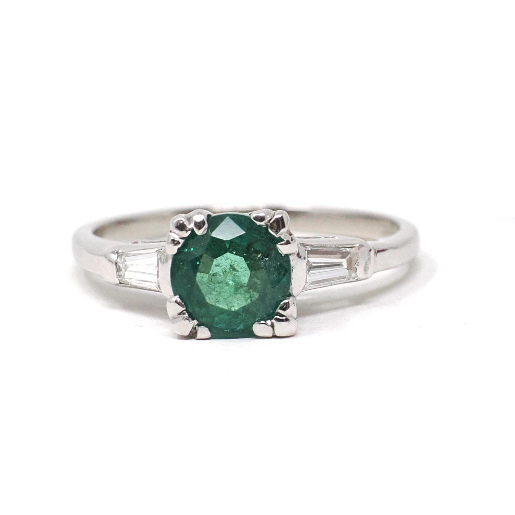 Vintage Emerald & Diamond Ring - Mid Century Platinum Natural Green Gemstone Engagement - Circa 1960s Era Size 7 1/4 Solitaire Fine Jewelry