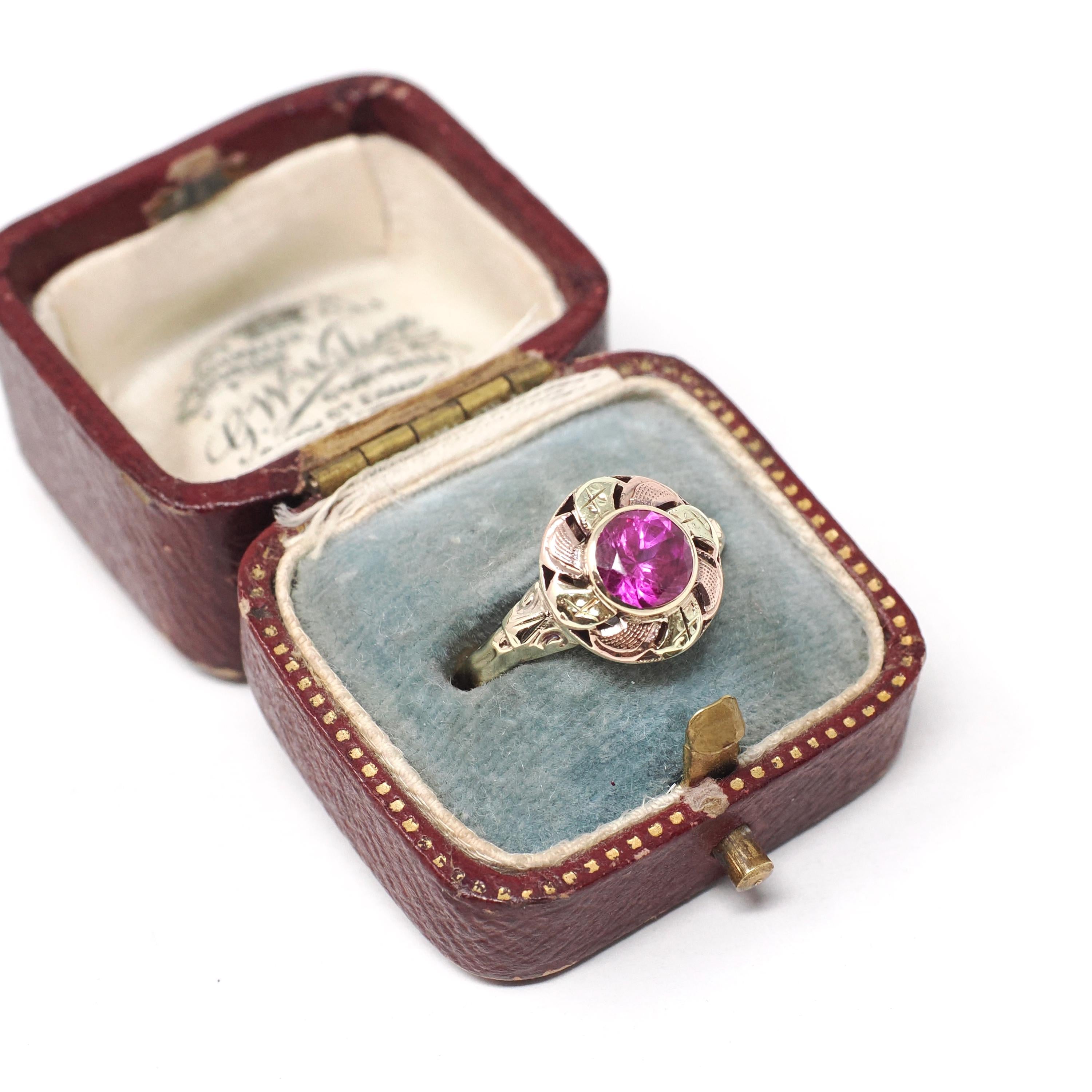 Vintage Created Ruby Ring - Mid Century 10k Yellow Rose Gold Round Target Statement Circa 1940s Size 5 1/2 Two Tone July Birthstone Jewelry