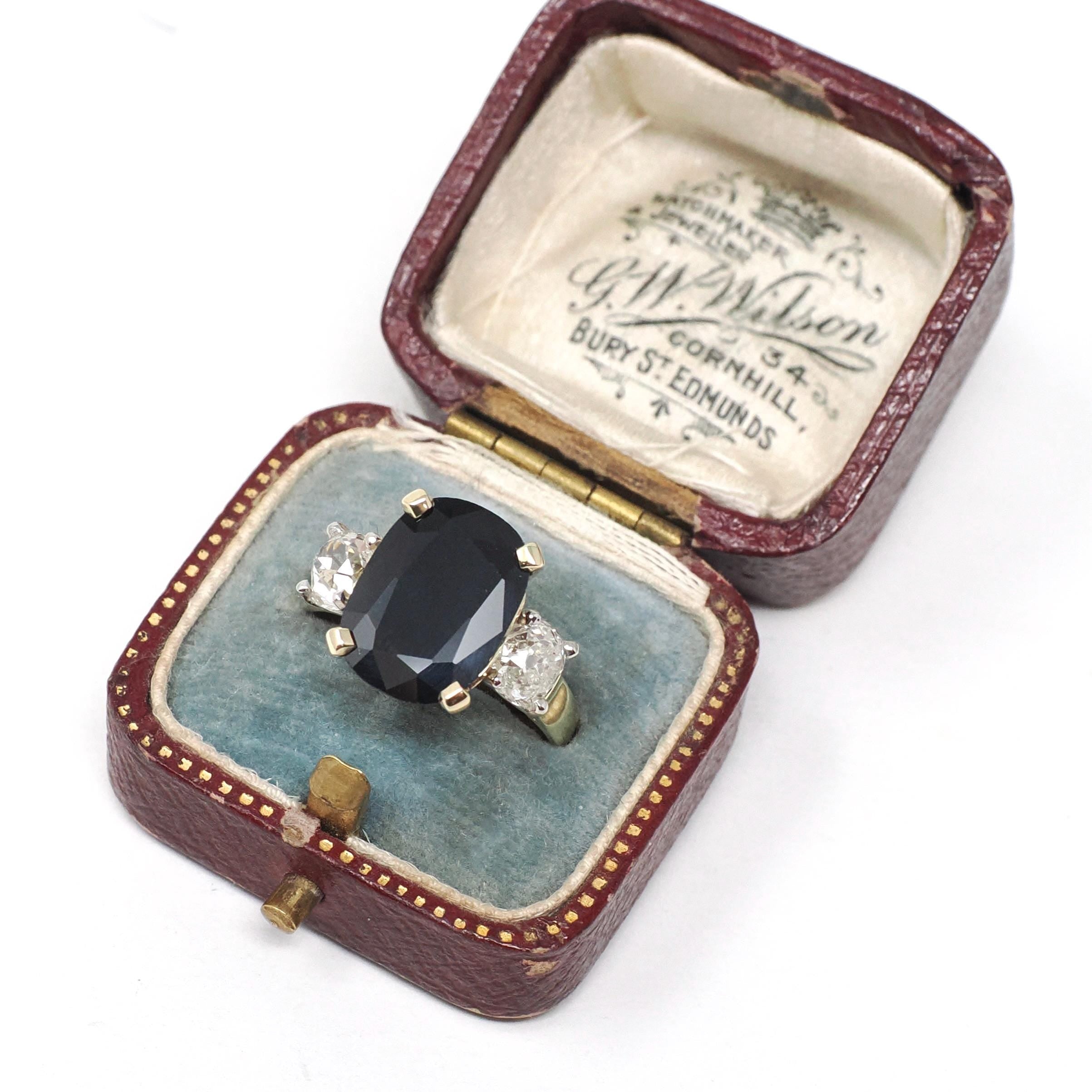 Sapphire & Diamond Ring - Estate 18k Yellow 14k White Gold Natural Blue Gem 1.18 CTW Old Mine Cut - Modern Circa 2000s Size 7 Fine Jewelry