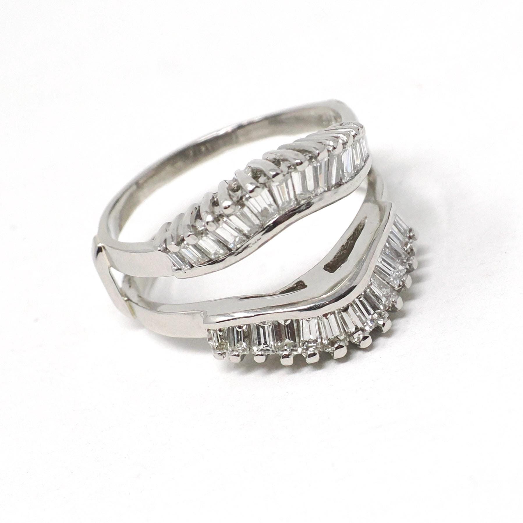 Vintage Diamond Ring Jacket - Estate Platinum Natural Baguette Cut Gemstones Halo Cluster - Modern Circa 1990s Size 7 Wedding Fine Jewelry