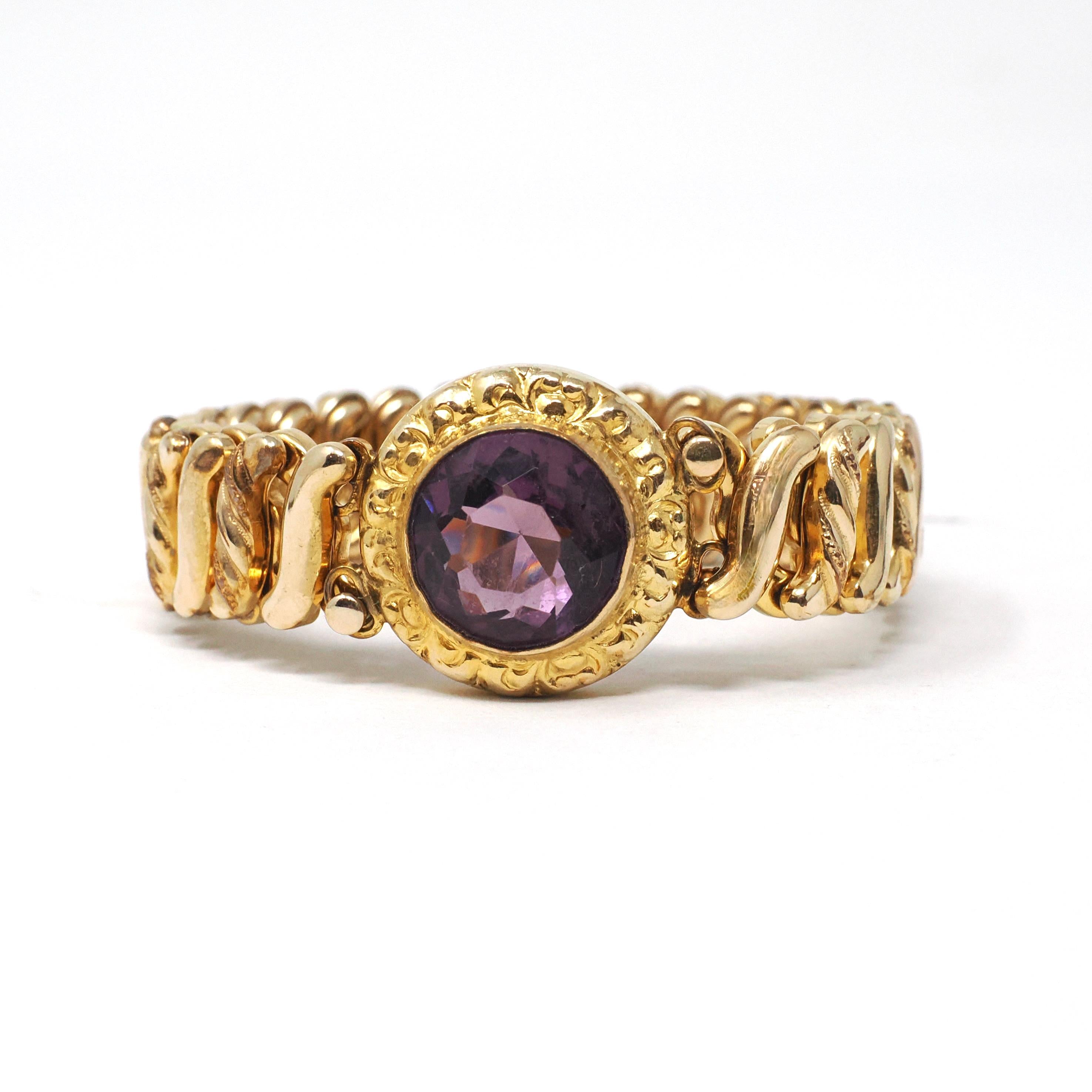 Vintage Expansion Bracelet - Mid Century Gold Filled Simulated Amethyst Purple Glass Stretch Link - Vintage 1940s Signed Carmen Fine Jewelry