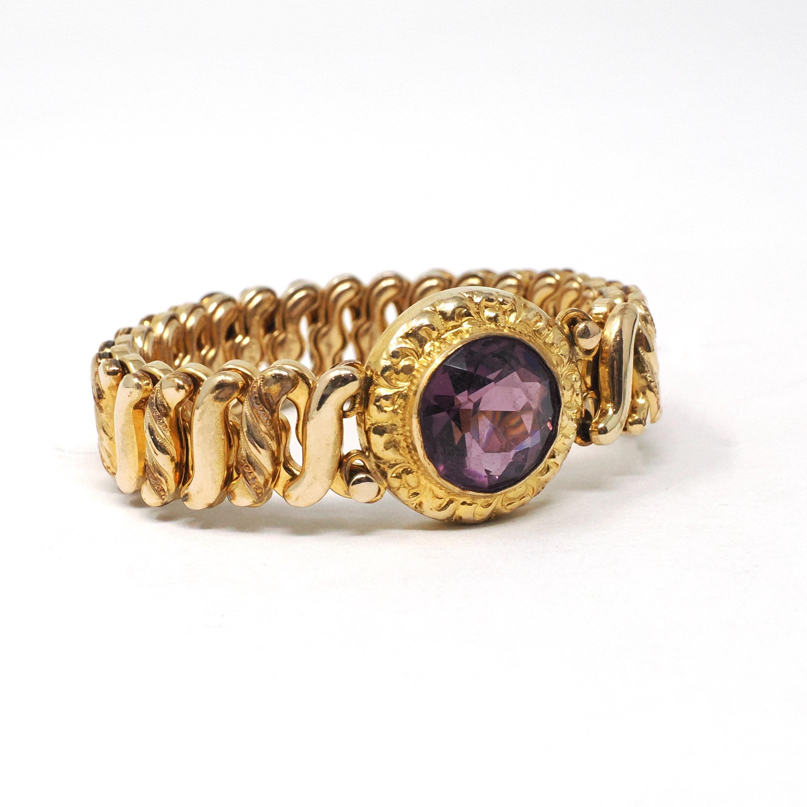 Vintage Expansion Bracelet - Mid Century Gold Filled Simulated Amethyst Purple Glass Stretch Link - Vintage 1940s Signed Carmen Fine Jewelry