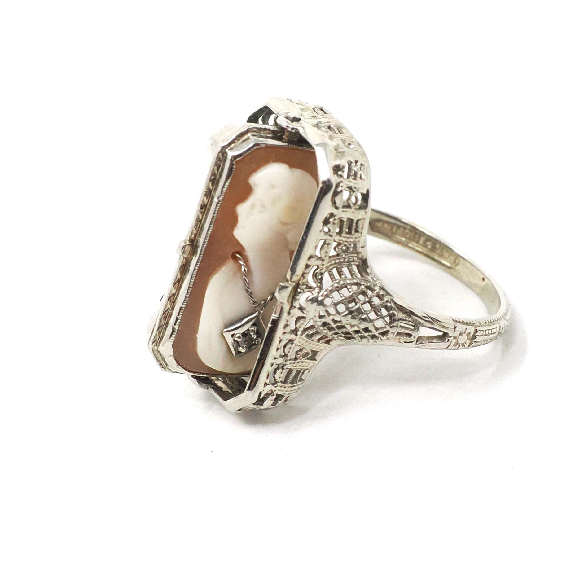 Vintage Flip Ring - Art Deco 14k White Gold Double Sided Cameo Diamond Green Glass Statement - Circa 1930 Size 6 1/4 Reversible Fine Jewelry