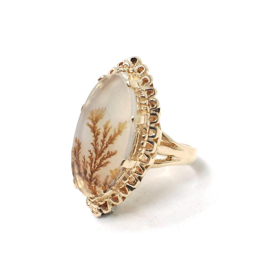 Moss Agate Ring - Retro 14k Yellow Gold Marquise Natural Chalcedony Navette Nature Statement - Vintage Circa 1970s Size 4 1/2 Fine Jewelry