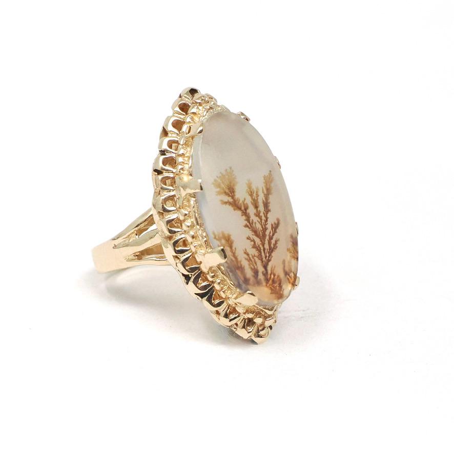 Moss Agate Ring - Retro 14k Yellow Gold Marquise Natural Chalcedony Navette Nature Statement - Vintage Circa 1970s Size 4 1/2 Fine Jewelry