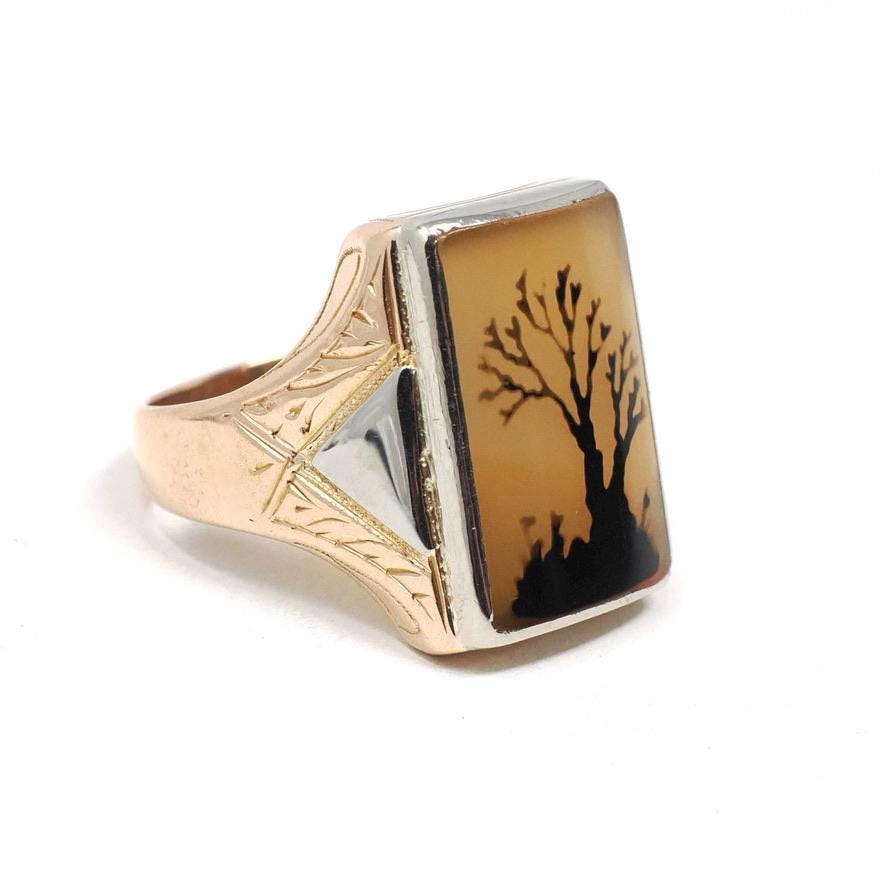 Vintage Chalcedony Ring - Mid Century Era 10k Yellow 14k White Gold Unisex Gemstone Signet - Circa 1940s Size 9 Two Tone Tree Fine Jewelry