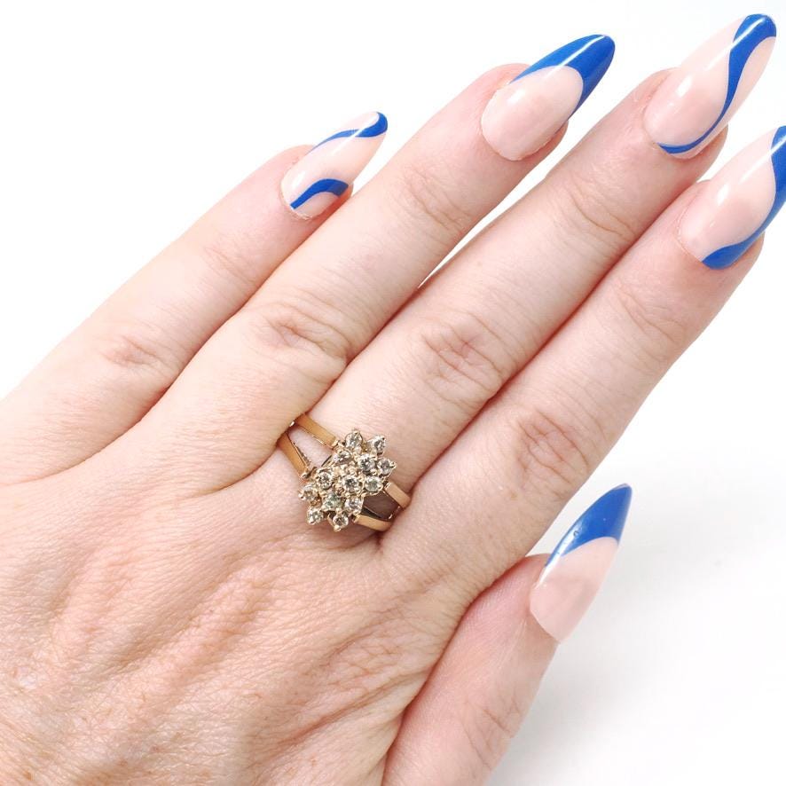 Reversible Flip Ring - Estate 14k Yellow Gold Natural Diamond Green Topaz Double Sided Statement - Circa 2000's Size 7 Cluster Fine Jewelry