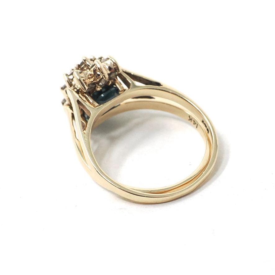 Reversible Flip Ring - Estate 14k Yellow Gold Natural Diamond Green Topaz Double Sided Statement - Circa 2000's Size 7 Cluster Fine Jewelry