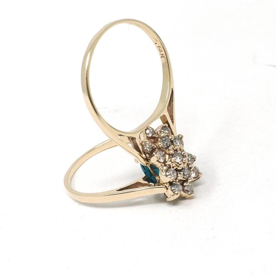 Reversible Flip Ring - Estate 14k Yellow Gold Natural Diamond Green Topaz Double Sided Statement - Circa 2000's Size 7 Cluster Fine Jewelry