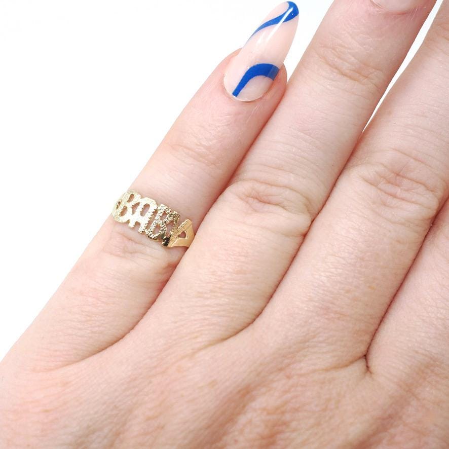 Vintage "Baby" Ring - Estate 10k Yellow Gold Textured Pet Name Band - Circa 1990s Era Size 1.5 Petite Dainty Stylish Newborn Fine Jewelry
