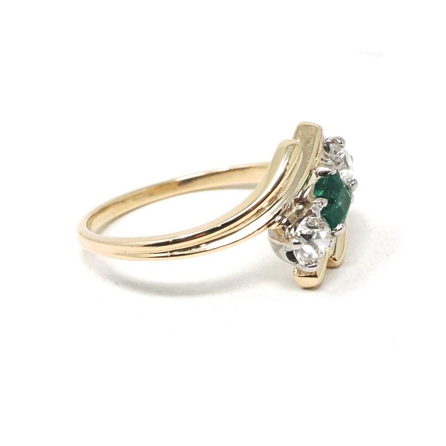 Vintage Bypass Ring - Mid Century 14k Yellow & White Gold Natural Emerald .42 CTW Diamonds - Circa 1950s Size 9 May Birthstone Fine Jewelry