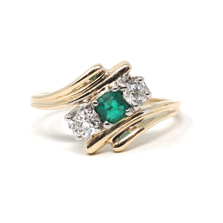 Vintage Bypass Ring - Mid Century 14k Yellow & White Gold Natural Emerald .42 CTW Diamonds - Circa 1950s Size 9 May Birthstone Fine Jewelry