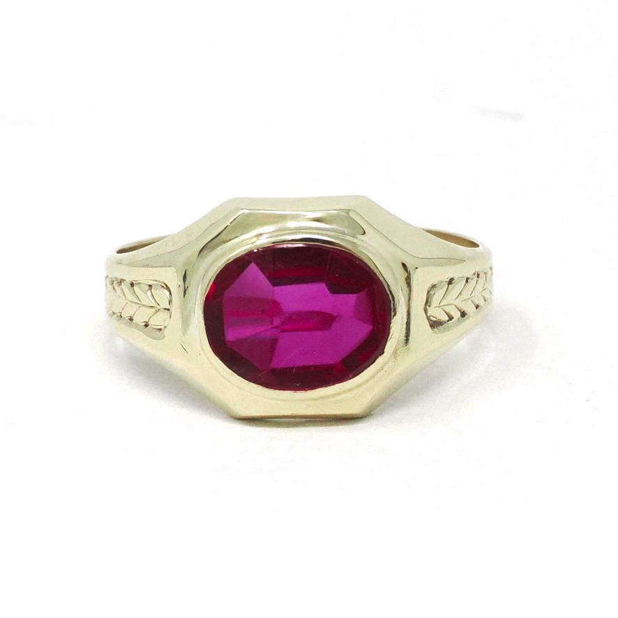 Art Deco Ring - Vintage 10k Yellow Gold Bezel Set Created Red Ruby Gemstone - Circa 1930s Size 10 July Birthstone Fine Statement Jewelry