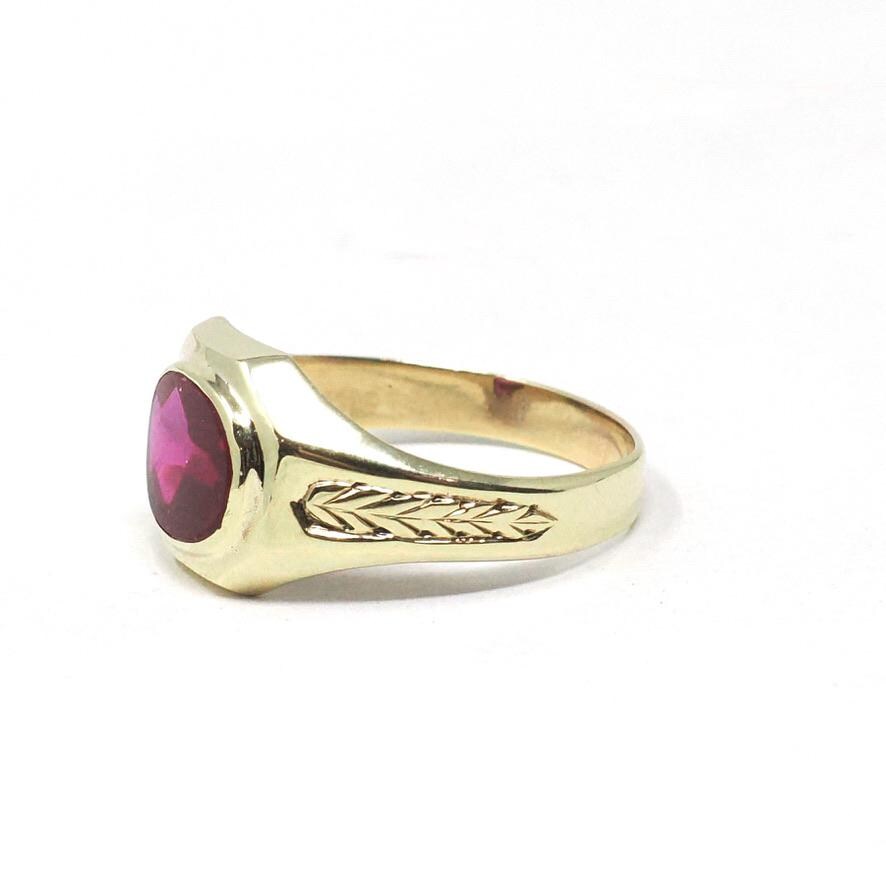 Art Deco Ring - Vintage 10k Yellow Gold Bezel Set Created Red Ruby Gemstone - Circa 1930s Size 10 July Birthstone Fine Statement Jewelry