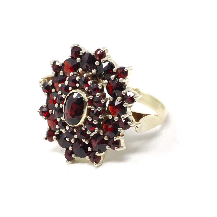 Vintage Garnet Ring - Mid Century 14k Yellow Gold & Silver Natural Dark Red Gemstone Cluster Statement - Circa 1940s Era Size 6 Fine Jewelry