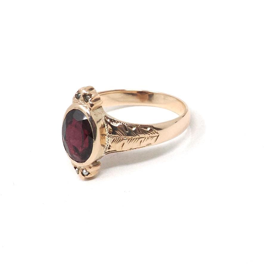 Victorian Garnet Ring - Antique 10k Rose Gold Natural Oval Red 1.87 CT Gemstone Seed Pearls - Vintage Late 1800s Size 8 Leaf Fine Jewelry