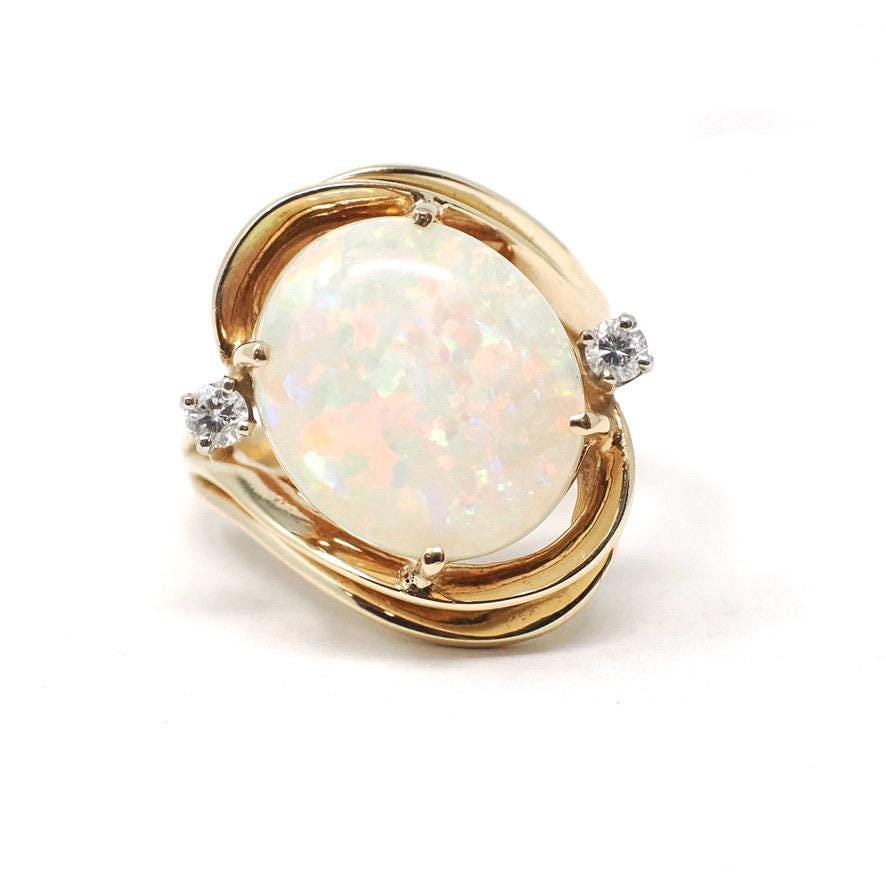 Vintage Opal & Diamond Ring - Estate 14k Yellow Gold Created Gemstone Bypass .12 CTW - Modern Circa 1980s Size 6 3/4 Fine October Jewelry