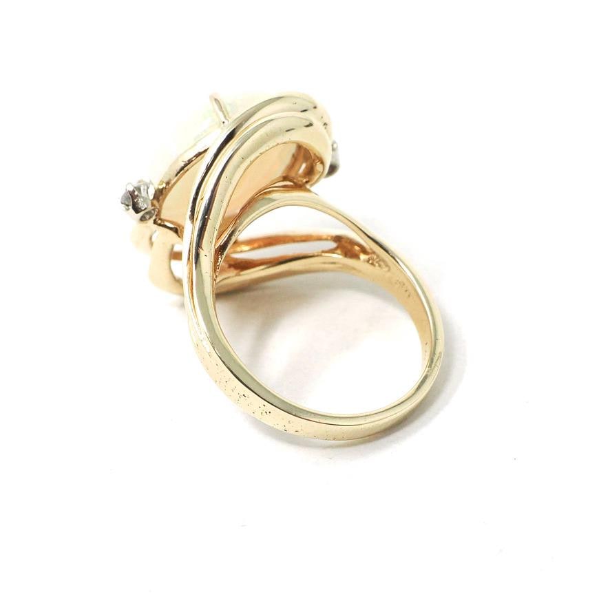Vintage Opal & Diamond Ring - Estate 14k Yellow Gold Created Gemstone Bypass .12 CTW - Modern Circa 1980s Size 6 3/4 Fine October Jewelry