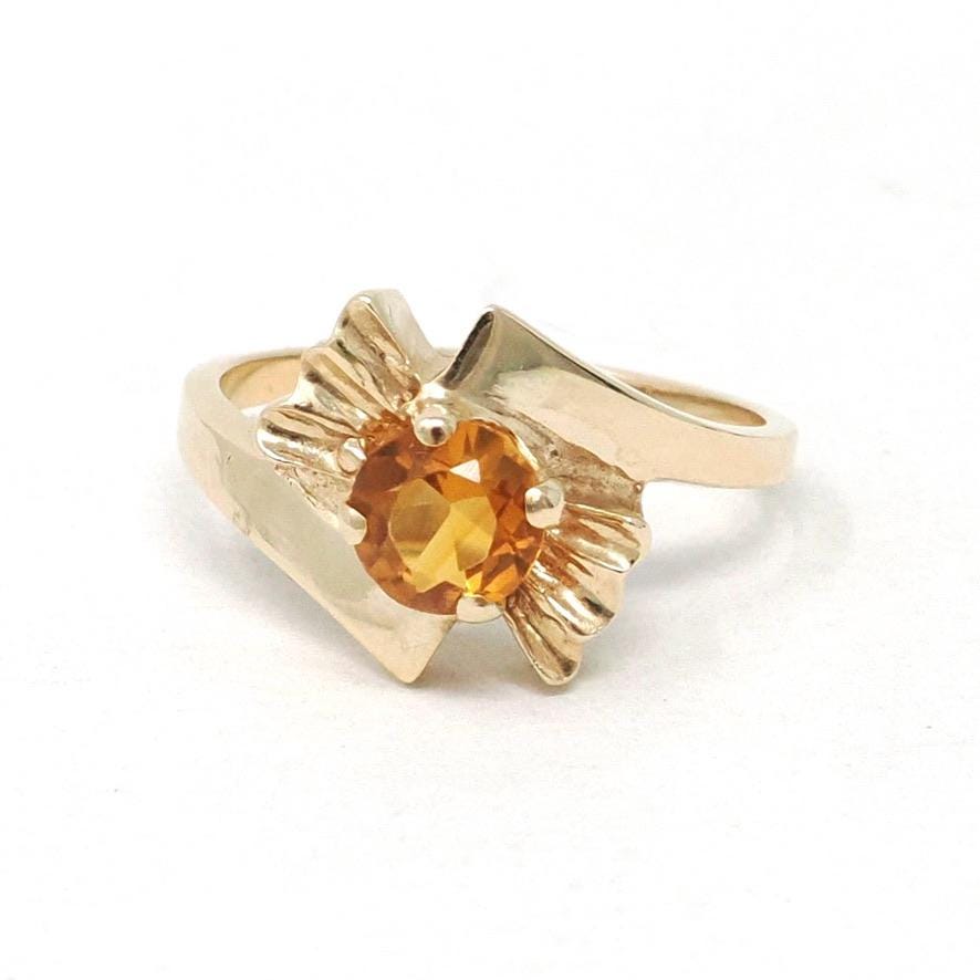 Vintage Citrine Ring - Retro 14k Yellow Gold Round Orange .59 CT Gemstone - Circa 1960s Era Size 6.5 November Birthstone Bypass Fine Jewelry