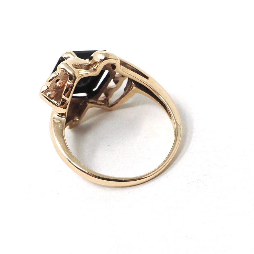 Vintage Onyx Ring - Retro 10k Yellow Gold Natural Black Chalcedony & .10 CT Diamond Bypass - Circa 1960s Era Size 5.5 Statement Fine Jewelry