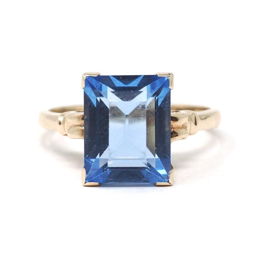 Simulated Aquamarine Ring - Mid Century 10k Yellow Gold Blue Glass Stone - Circa 1940s Era Size 6 Solitaire Statement Cocktail Fine Jewelry