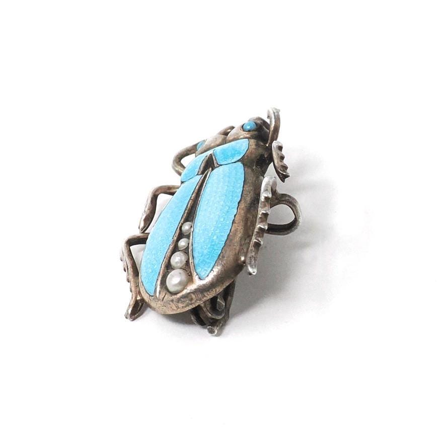 Antique Beetle Brooch - Art Deco Era Sterling Silver Turquoise Blue Guilloche Enamel Bug Pin - Circa 1920s Egyptian Revival Fashion Jewelry