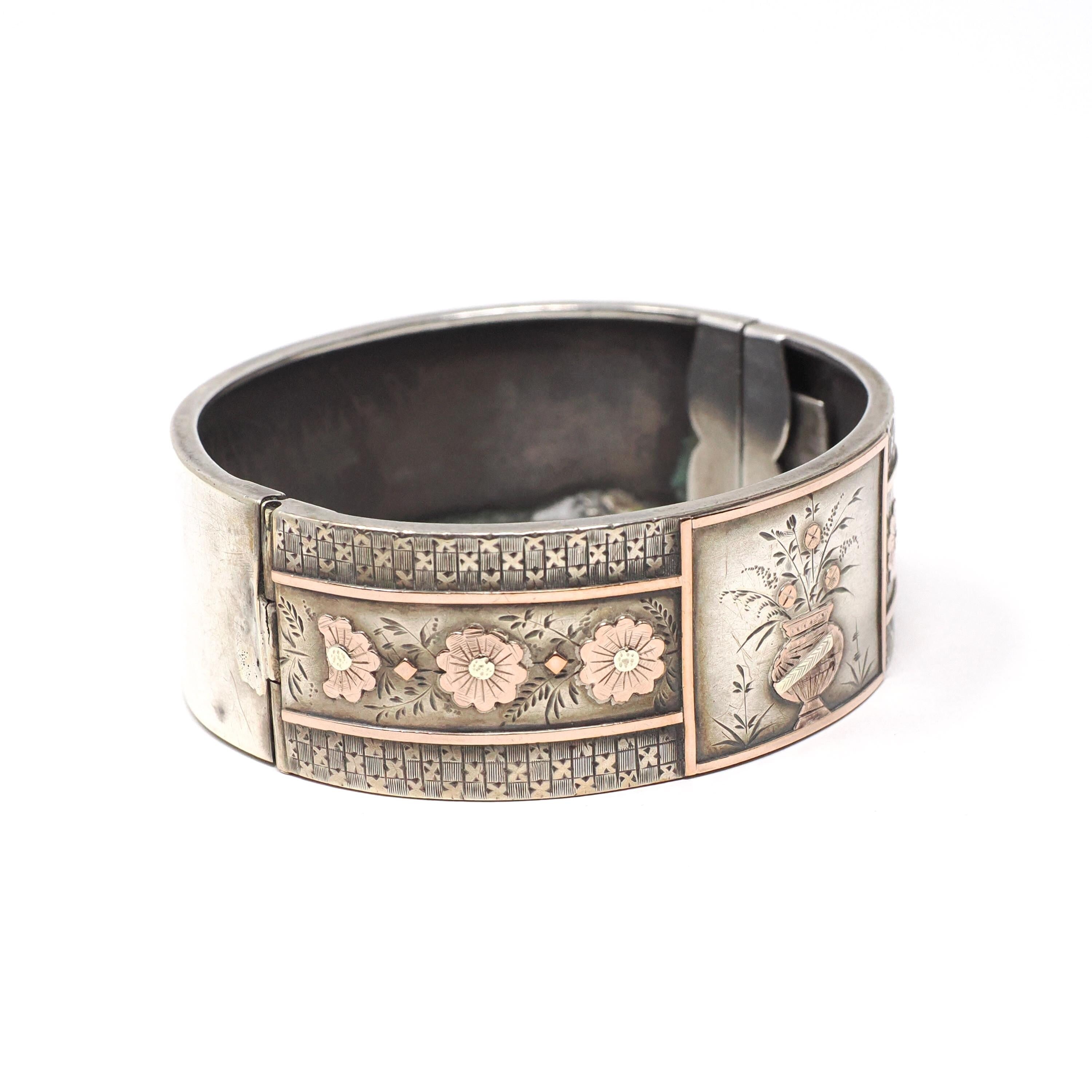 Antique Floral Bangle - Victorian Era Sterling Silver Flower Urn Design Bracelet - Circa 1890s Rose & Yellow Gold Accented Fashion Jewelry
