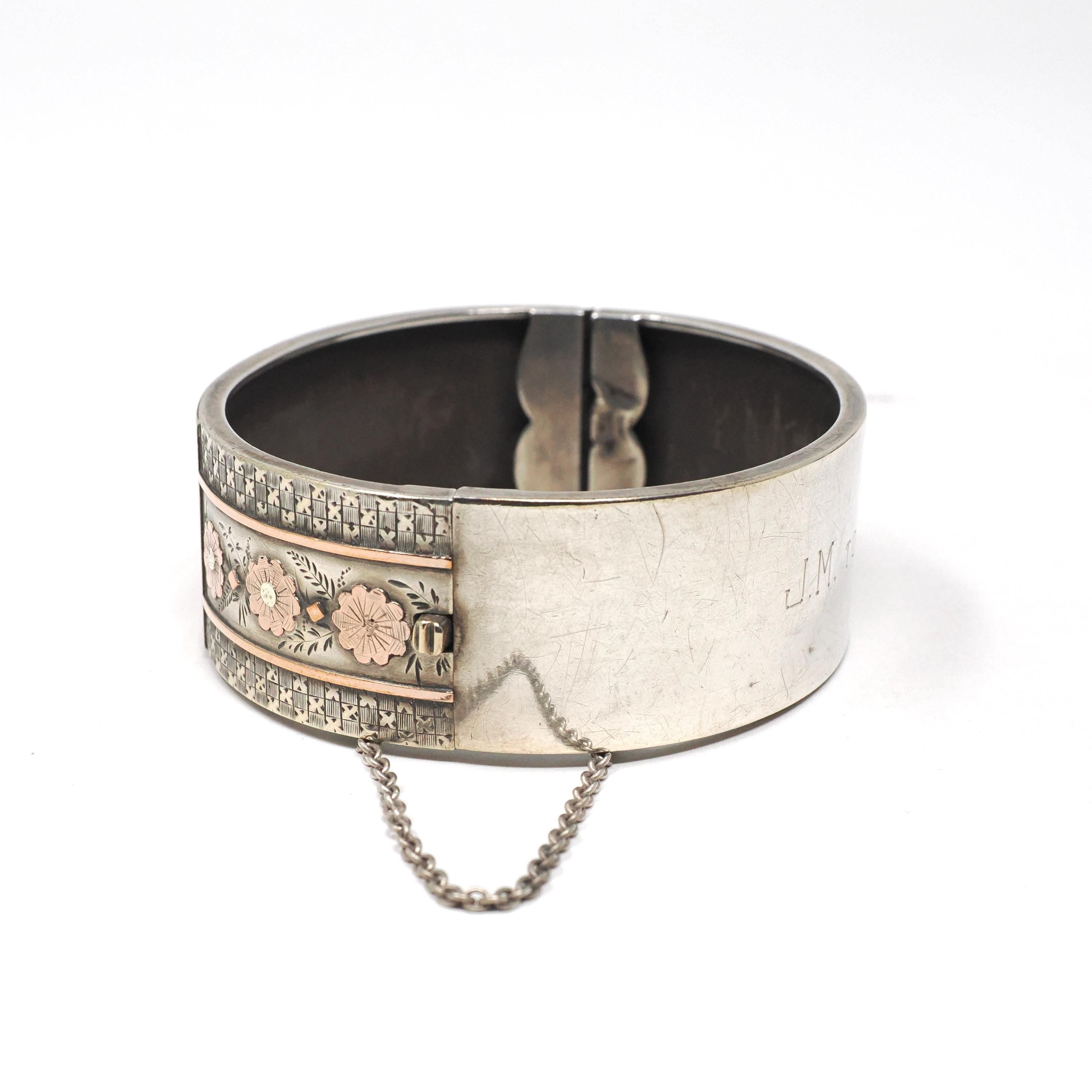 Antique Floral Bangle - Victorian Era Sterling Silver Flower Urn Design Bracelet - Circa 1890s Rose & Yellow Gold Accented Fashion Jewelry