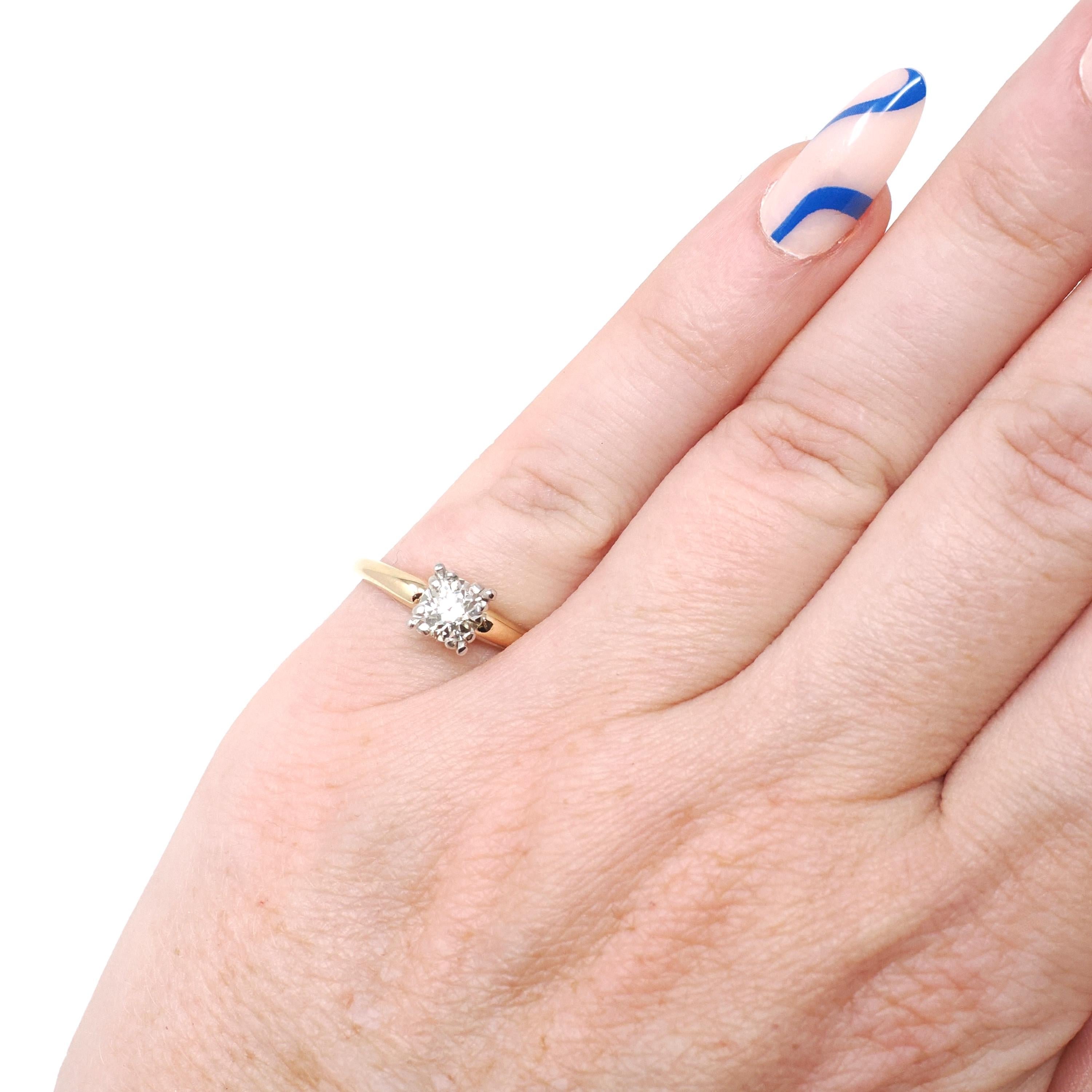 Vintage Diamond Ring - Mid Century 14k Yellow Gold Platinum Natural Gem Solitaire Engagement - Circa 1950s Era Size 4 Fine Bridal Jewelry