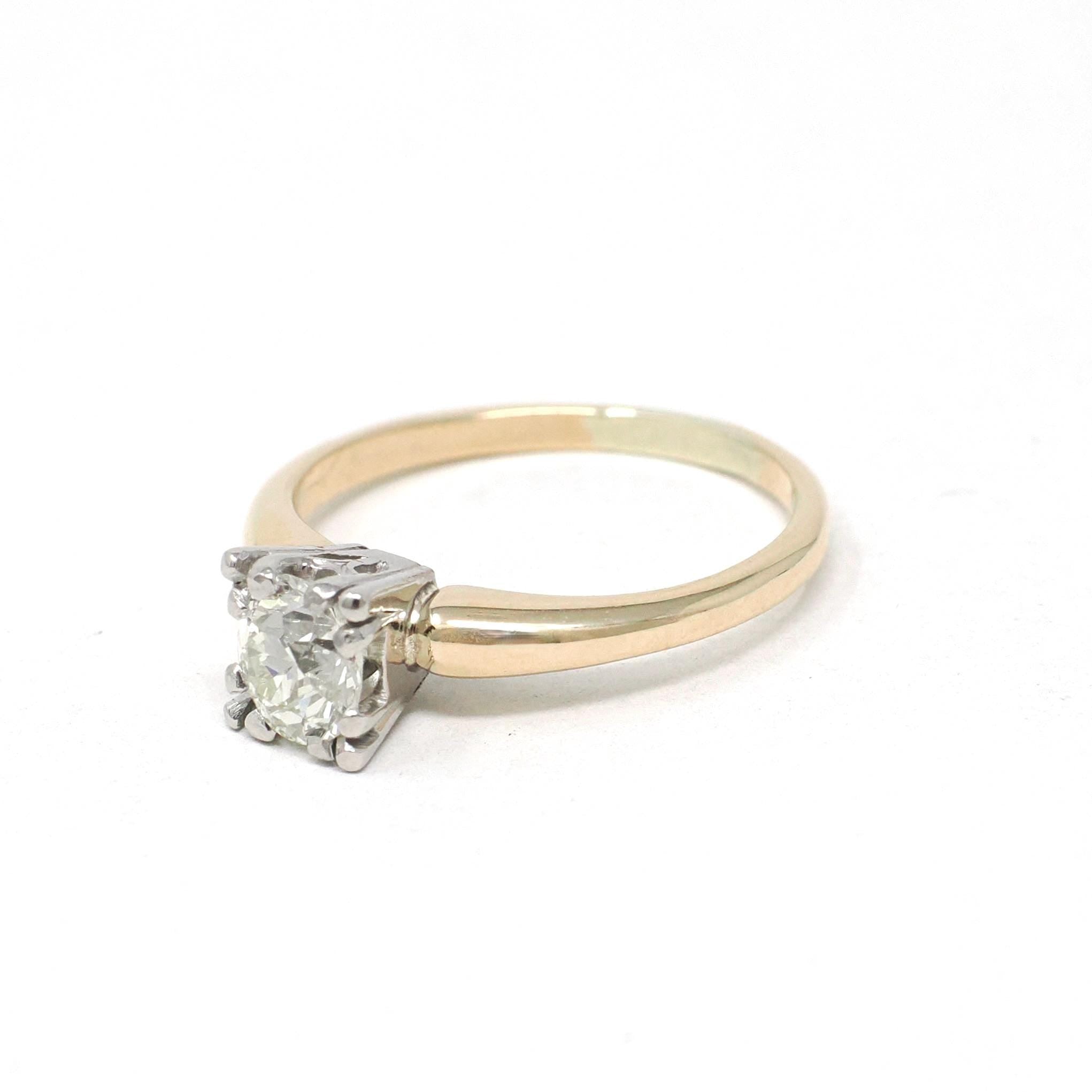 Vintage Diamond Ring - Mid Century 14k Yellow Gold Platinum Natural Gem Solitaire Engagement - Circa 1950s Era Size 4 Fine Bridal Jewelry