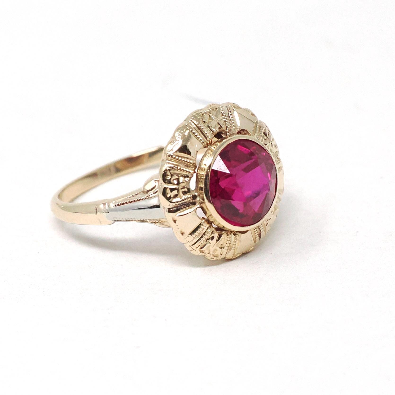 Vintage Created Ruby Ring - Retro 14k Yellow White Gold Round Target Statement - Circa 1940s Era Size 5 1/4 July Birthstone Fine Jewelry