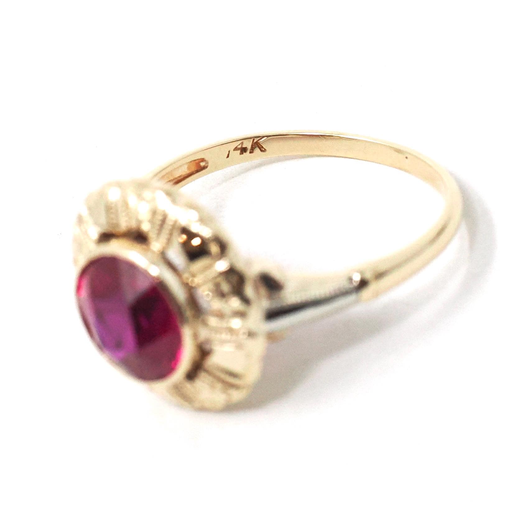Vintage Created Ruby Ring - Retro 14k Yellow White Gold Round Target Statement - Circa 1940s Era Size 5 1/4 July Birthstone Fine Jewelry
