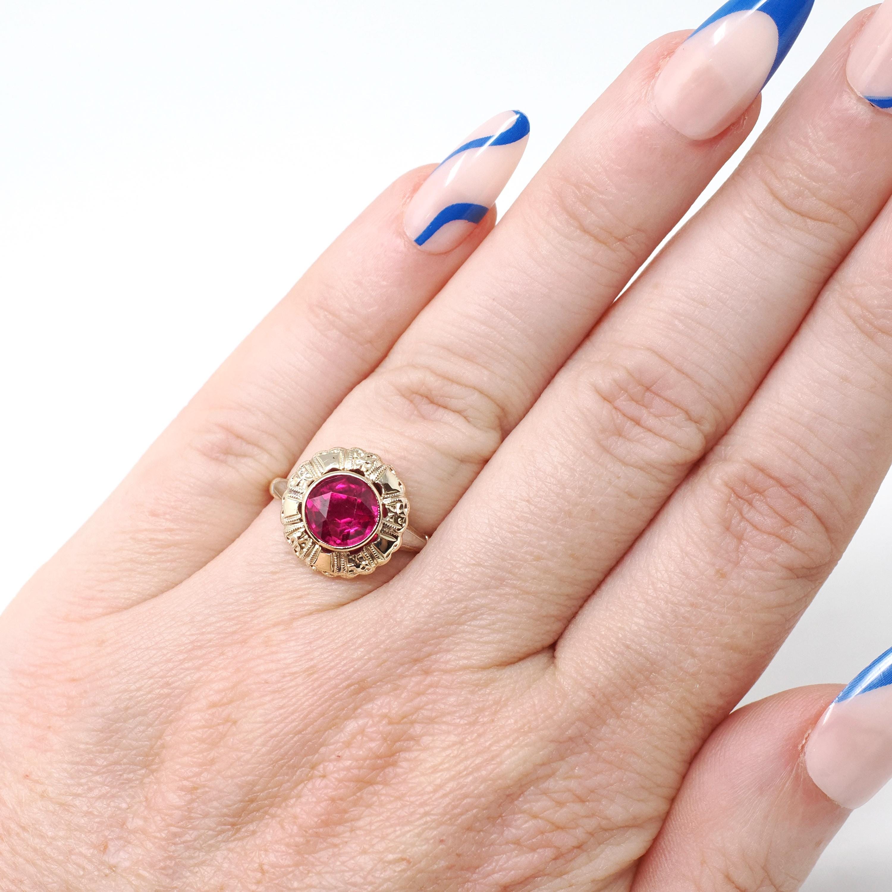 Vintage Created Ruby Ring - Retro 14k Yellow White Gold Round Target Statement - Circa 1940s Era Size 5 1/4 July Birthstone Fine Jewelry