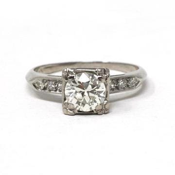 Mid Century Engagement Ring - Vintage 14k White Gold Natural 1.02 CTW Diamonds - Circa 1950 Era Size 7 1/2 Classic Fine Bridal Jewelry