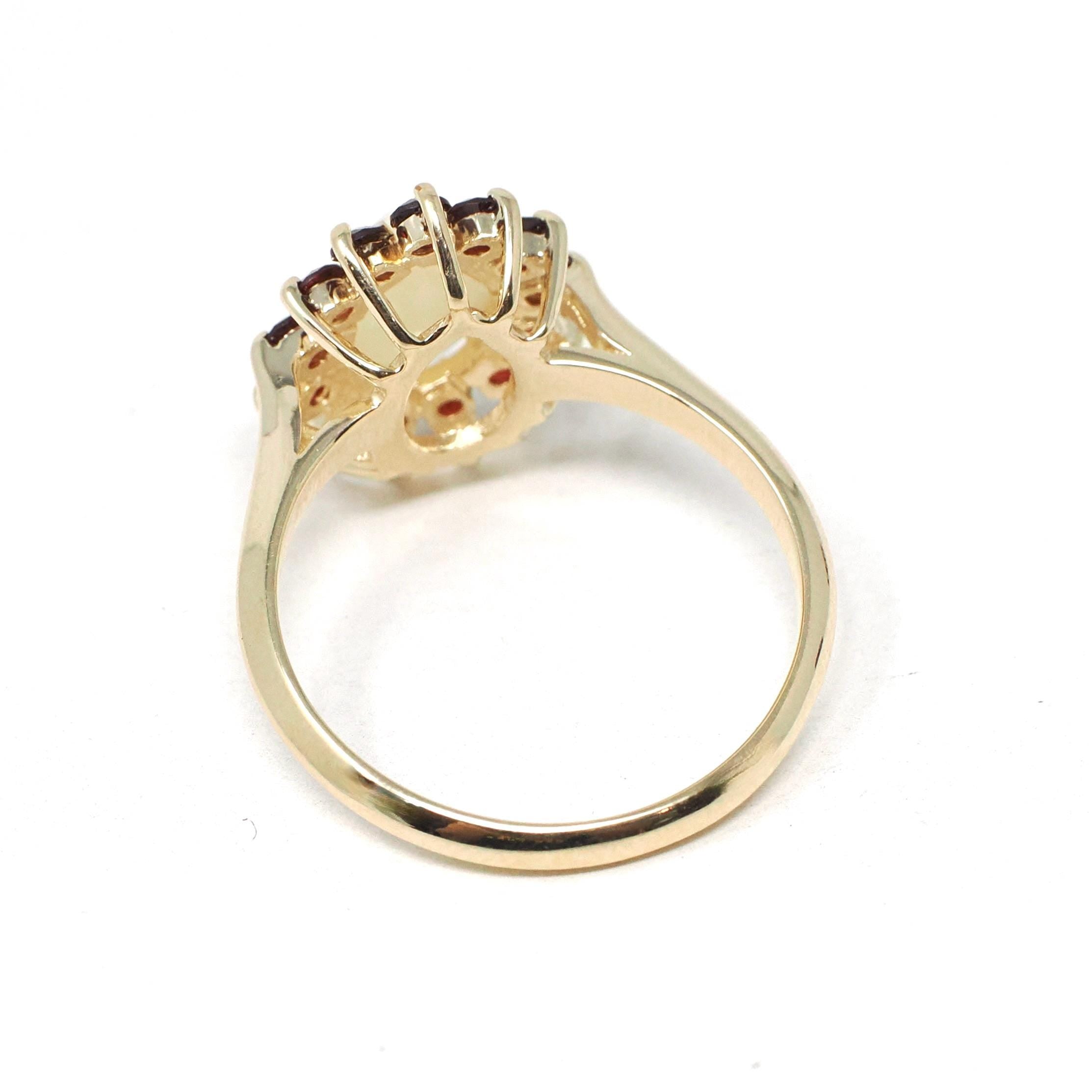 Opal & Garnet Ring - Modern 10k Yellow Gold Pear Halo Natural Gemstones Cluster - Estate Circa 1990s Era Size 7 Fine Statement 90s Jewelry