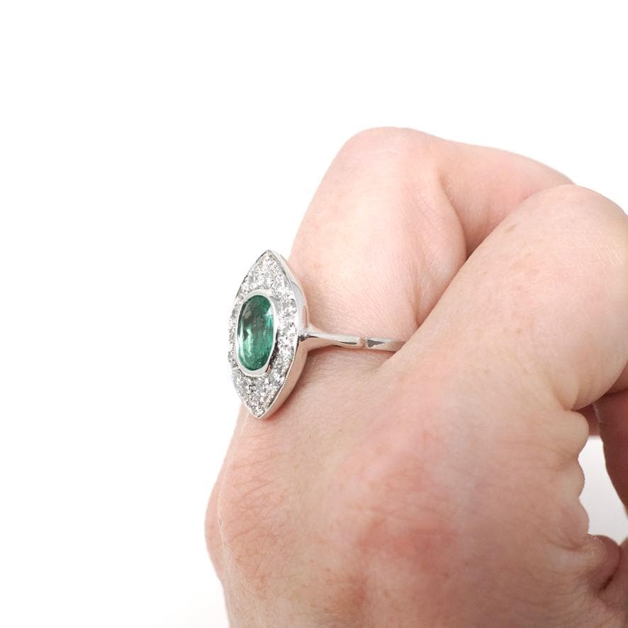 Art Deco Emerald Ring - Antique 18k White Gold Handmade Natural Green Gem Diamonds Shield Engagement - Circa 1920s Size 8 Halo Fine Jewelry
