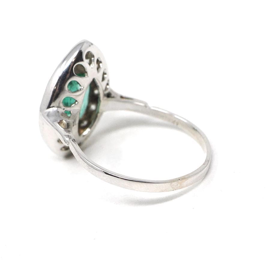 Art Deco Emerald Ring - Antique 18k White Gold Handmade Natural Green Gem Diamonds Shield Engagement - Circa 1920s Size 8 Halo Fine Jewelry
