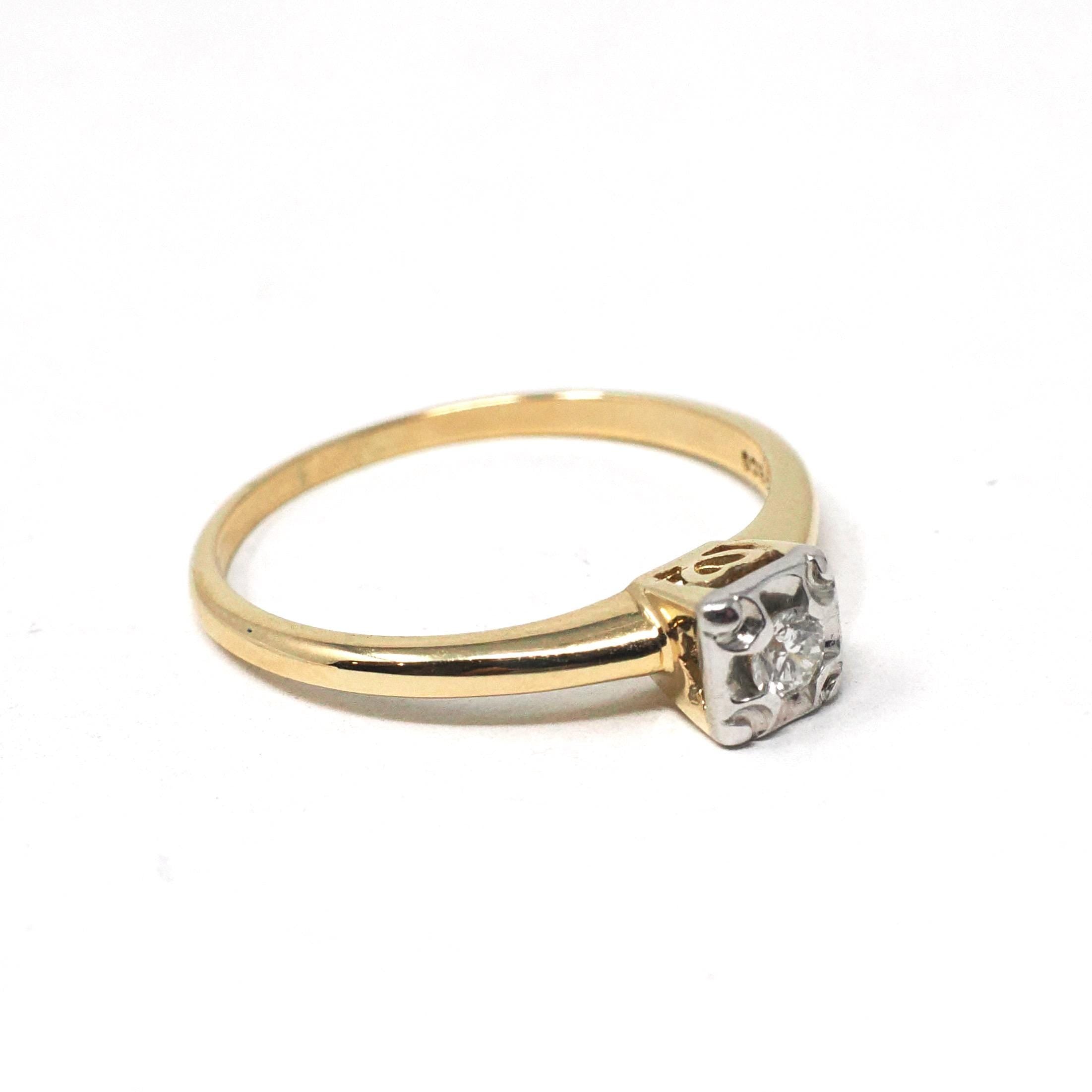 Vintage Engagement Ring - Mid Century 14k Yellow & White Gold .07 CT Natural Diamond Solitaire - Circa 1950s Size 6 1/4 Fine Bridal Jewelry