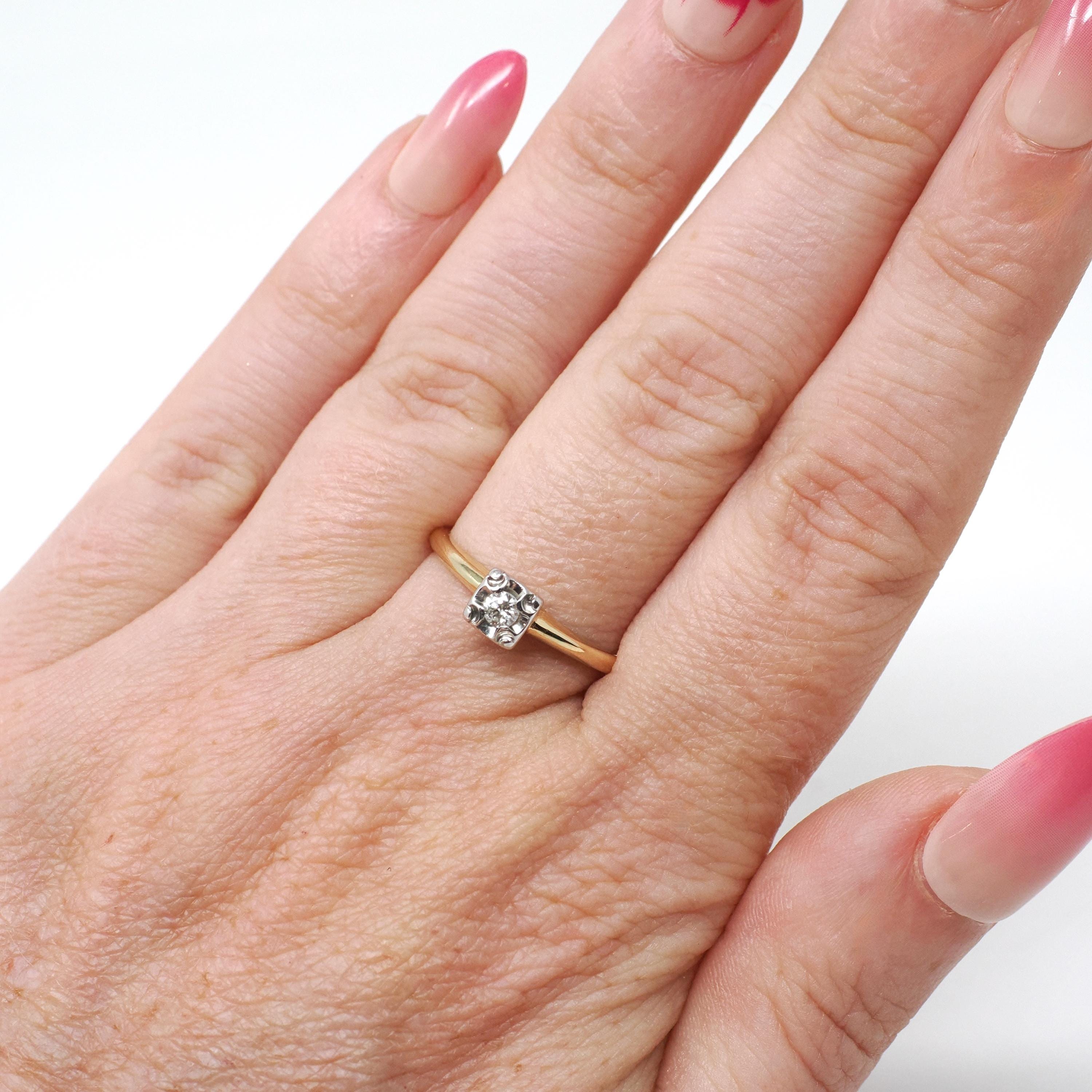 Vintage Engagement Ring - Mid Century 14k Yellow & White Gold .07 CT Natural Diamond Solitaire - Circa 1950s Size 6 1/4 Fine Bridal Jewelry