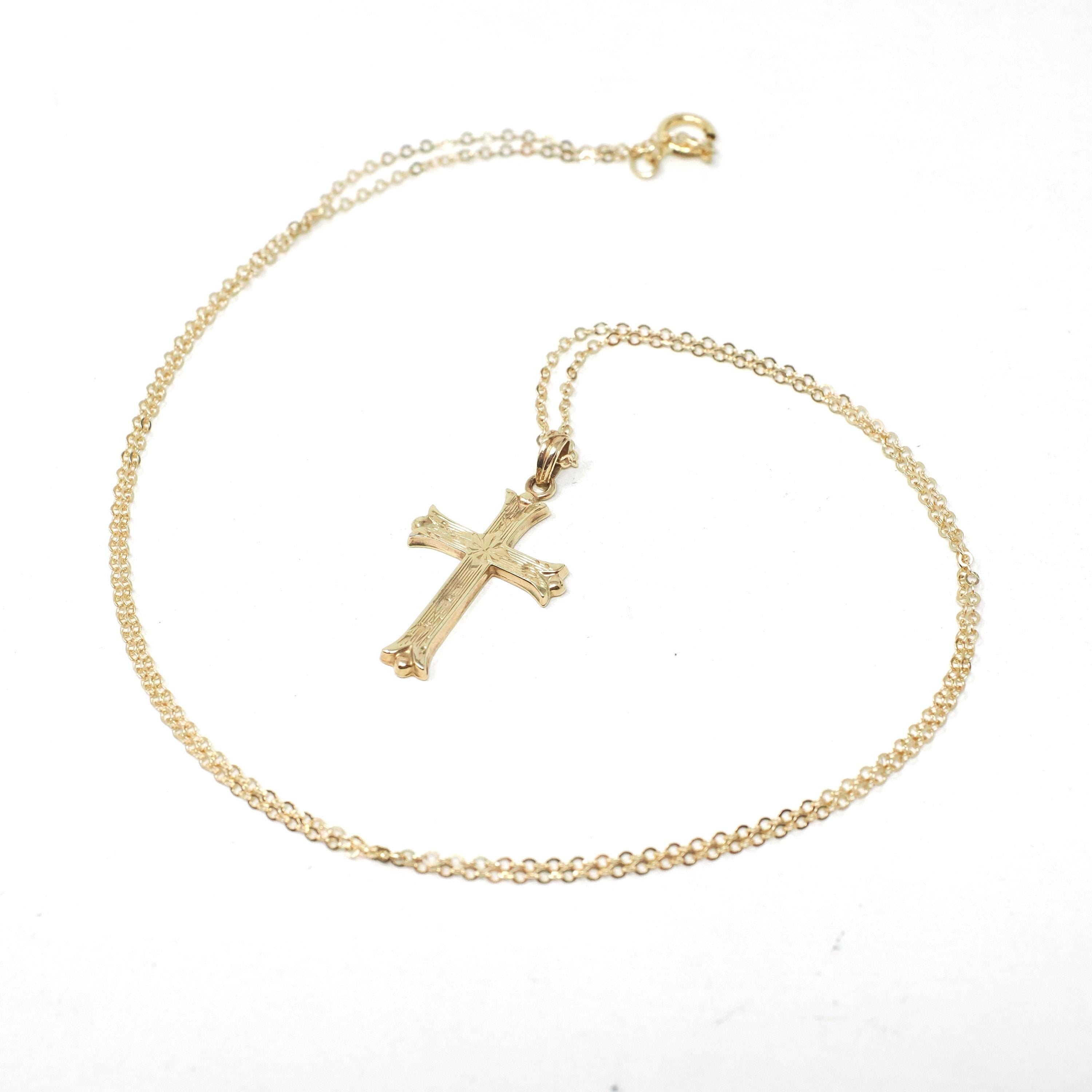 Vintage Cross Pendant - Mid Century 10k Yellow Gold Floral Etching Charm Necklace - Circa 1940s Era Dainty Religious Faith Esemco Jewelry